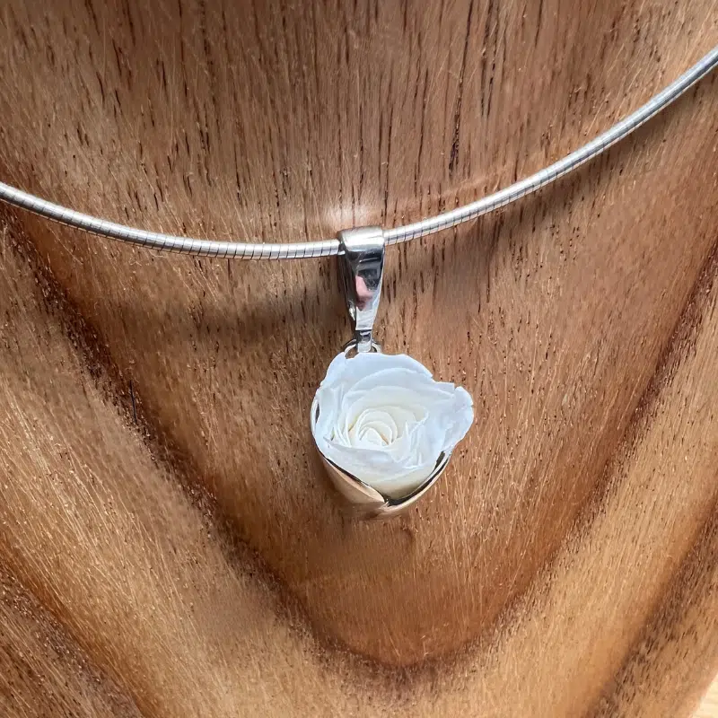 Collier en argent 925 rhodié en forme de tulipe avec une rose blanche stabilisée.